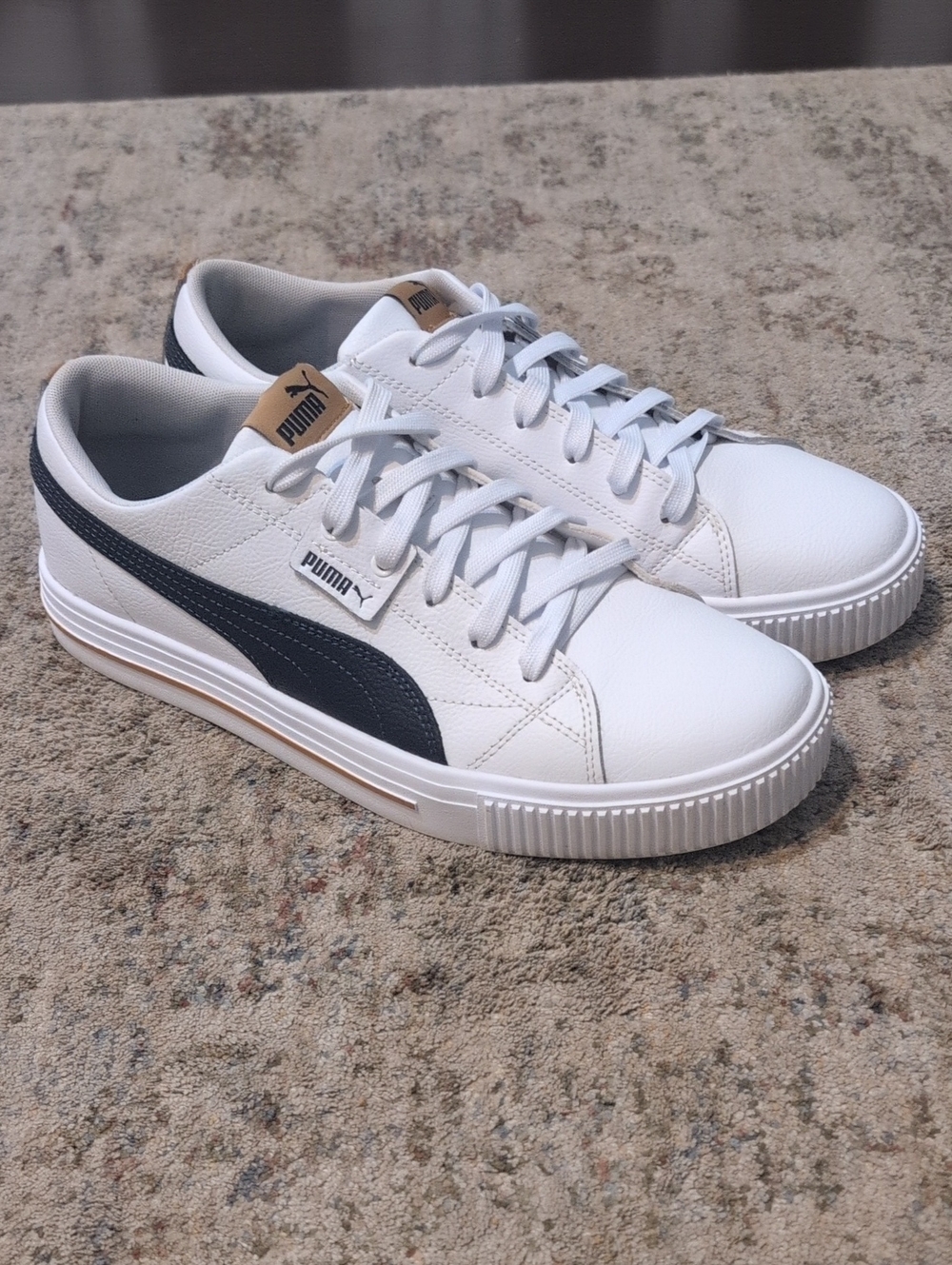 Puma Men’s White Sneakers with Blue Formstrip and Tan Accents